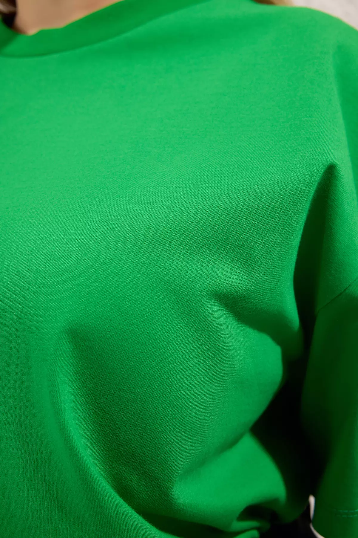 Green Collar Ribbed Wide Pattern Basic 100% Cotton Knitted T-shirt TBBSS23BF00017