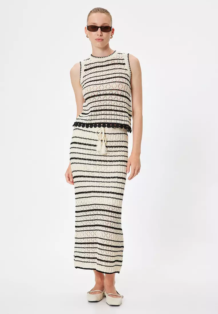 Detailed Openwork Striped Knit Midi Skirt