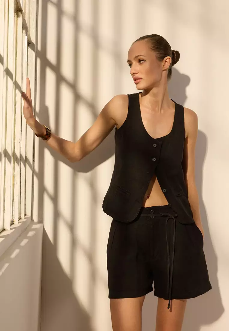 Black 100% Linen Waist Tie Detailed Mini Shorts Twoss25Sr00088