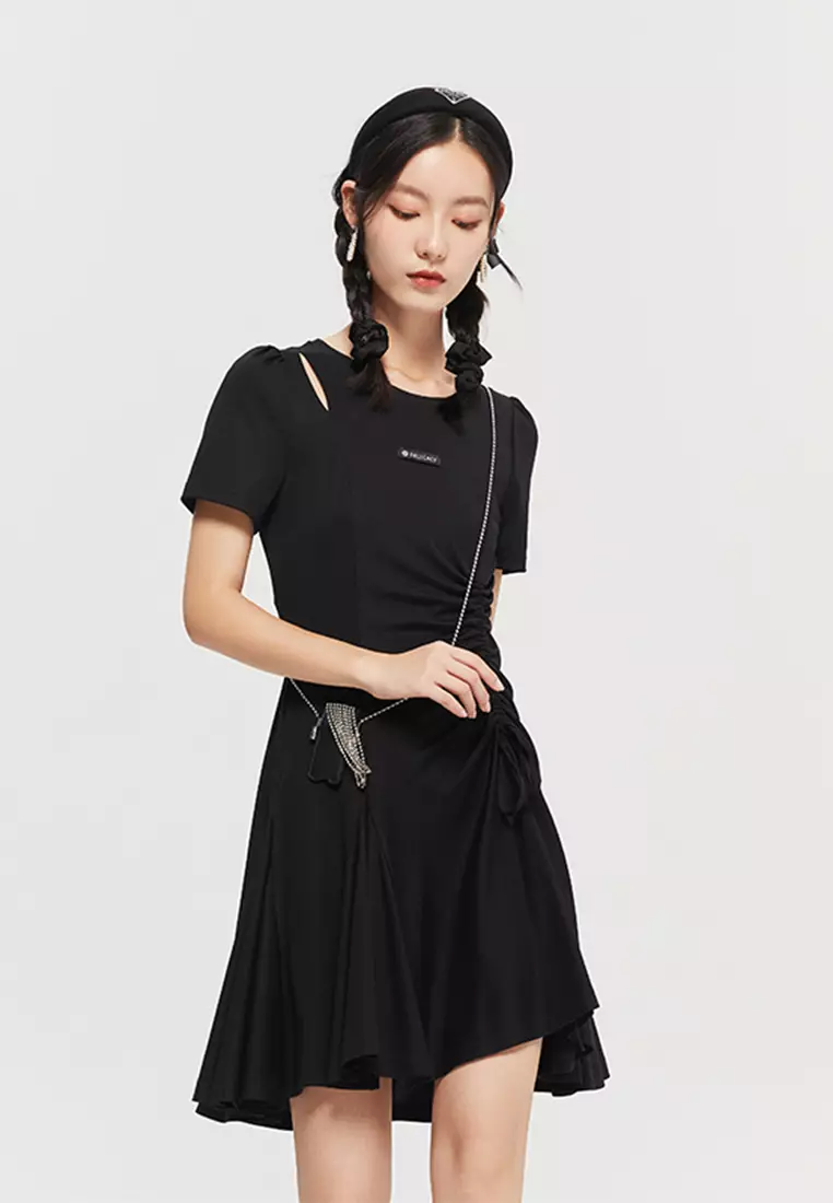 Waist Drawstring Midi Dress with Low Flare