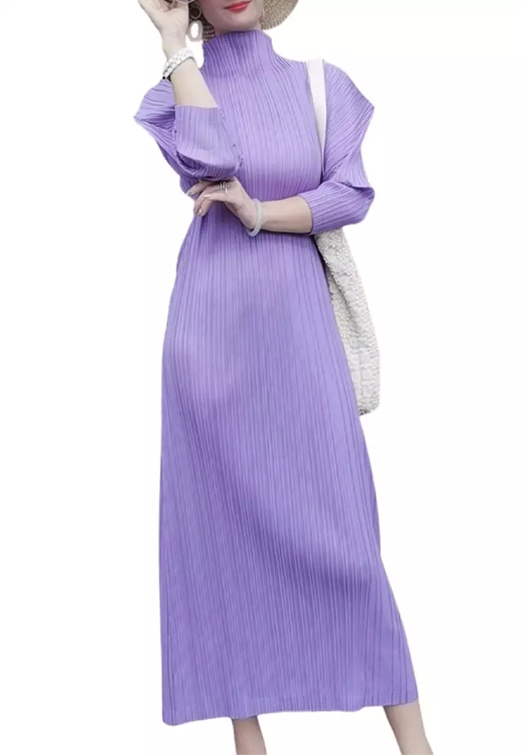 Half-High Collar Bat Sleeve Pleats Dress CZJ7877