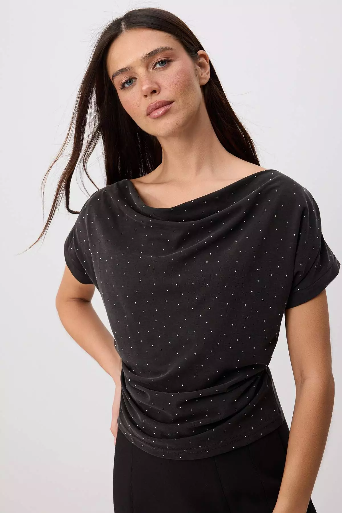 Black Premium Lyocell Content Soft Knitted Blouse With Degaje Collar Stone Detail Twoss26Bz00714