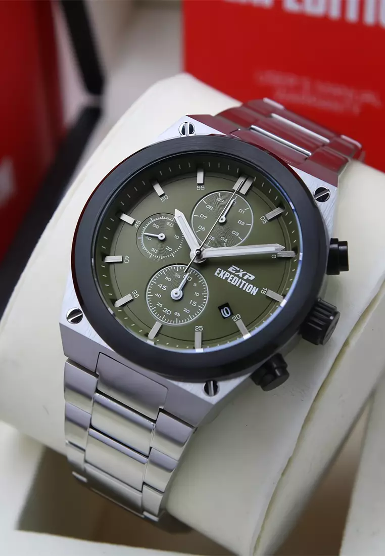 Expedition EXP 6850 MCBTBGN - Jam Tangan Analog Pria - Silver Green Dial - Stainless Steel