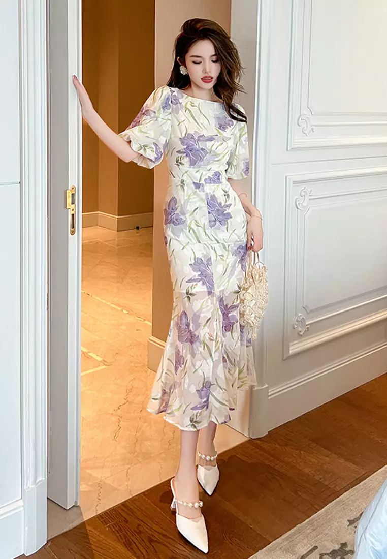 2025S/S夏季新款小清新氣質圓領泡泡袖印花魚尾連衣裙 CA061512