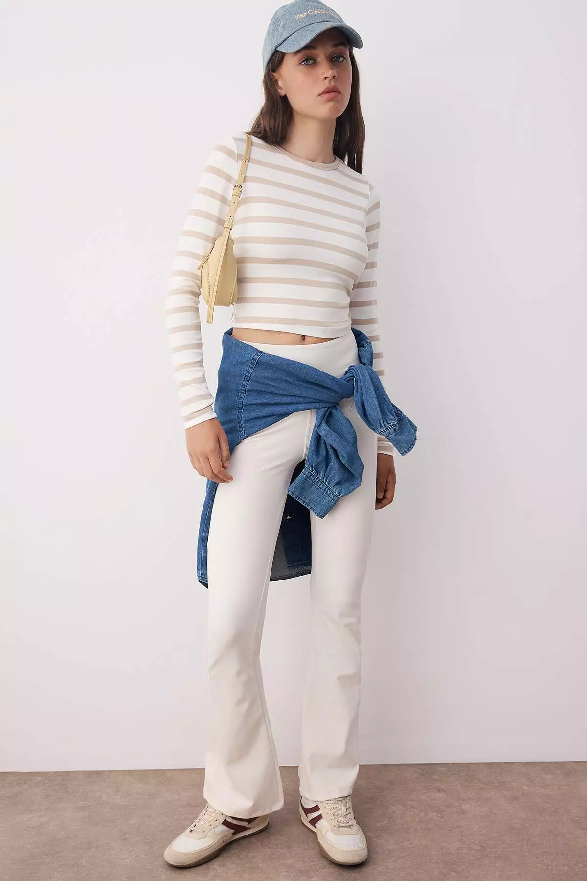 Stone-Ecru Striped Premium Viscose Soft Fabric Fitted Crop Flexible Knit Blouse