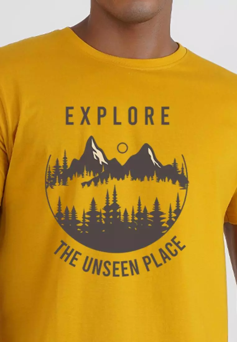 Explore The Unseen Yellow Cotton Short Sleeve Crew Neck Regular Fit Tee