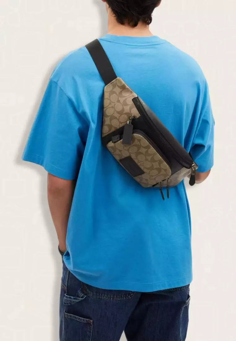 Coach Track Belt Bag In Signature Canvas Khaki Black