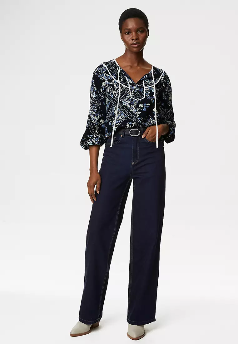 Cotton Blend Printed V-Neck Blouse