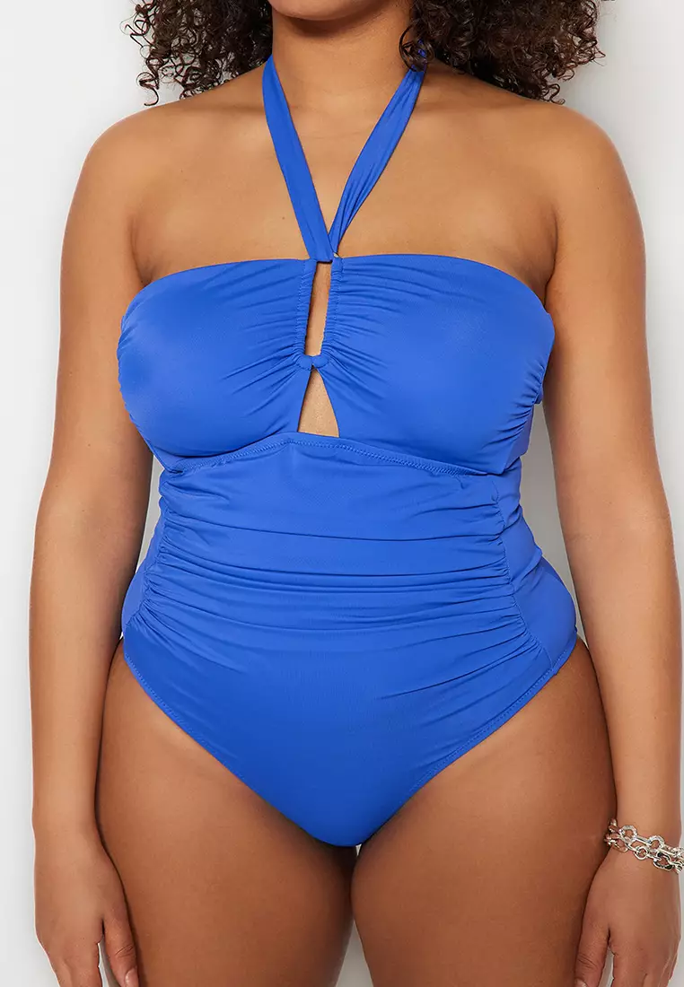 Plus Size Halter Neck Accessory Detailed Swimsuit