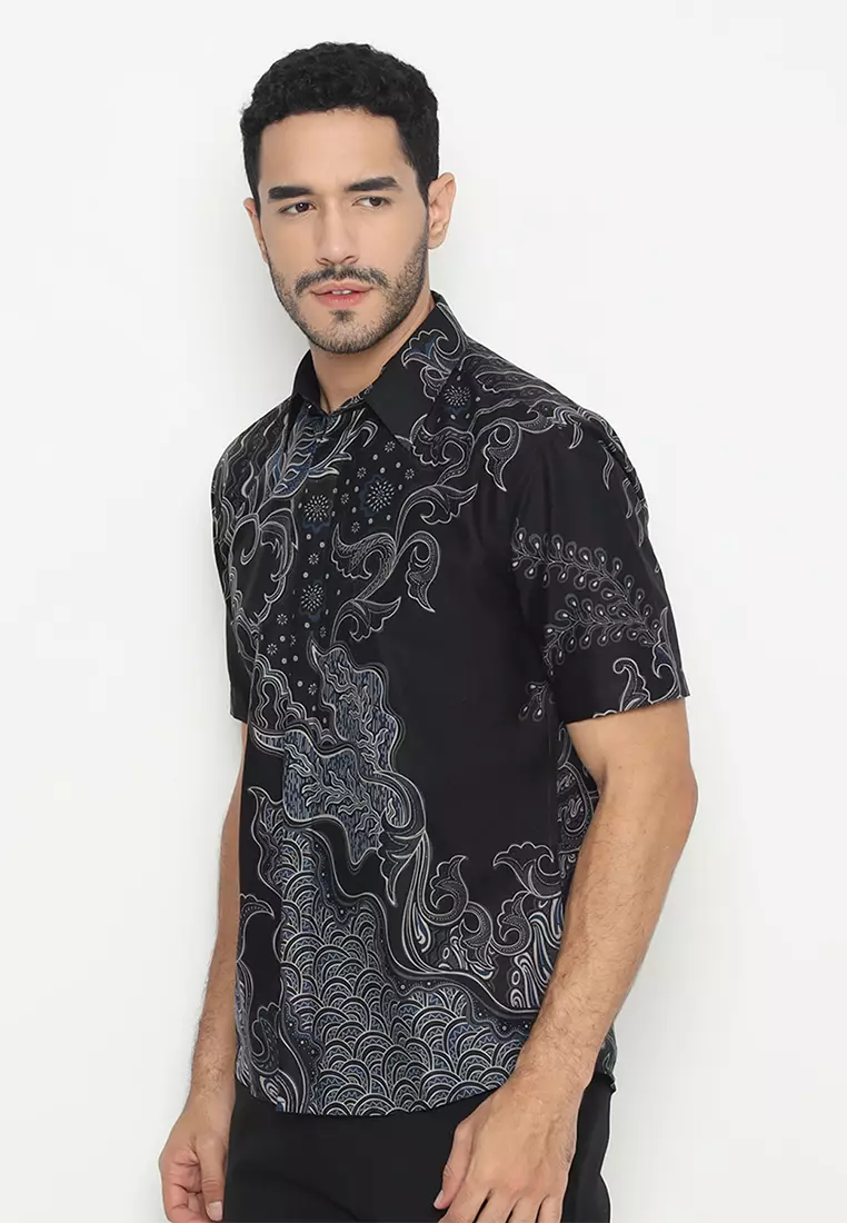 Kemeja Batik Pria Slimfit Ganesha Lengan Pendek - Black