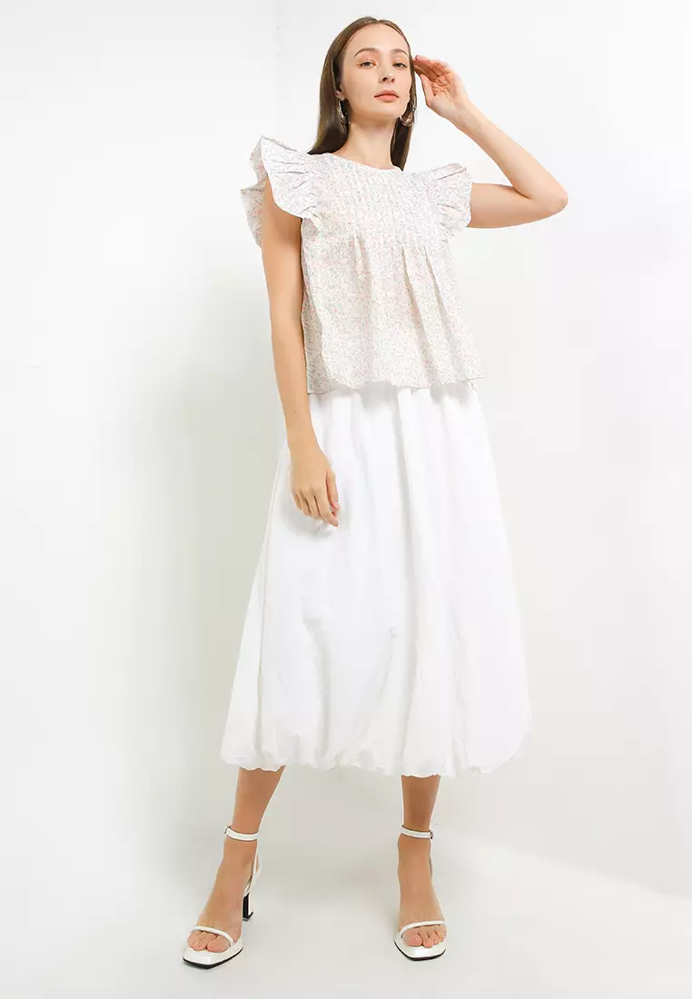 Flounce Sleeve Pintuck Flo Print Eyelet Blouse