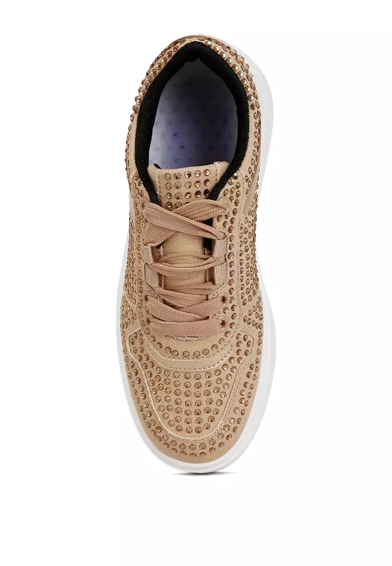 駝色水鑽裝飾厚底運動鞋