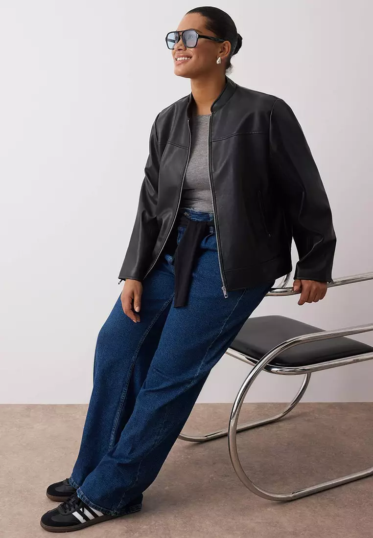 Black Fitted Mold Faux Leather Biker Plus Size Thin Jacket Coat