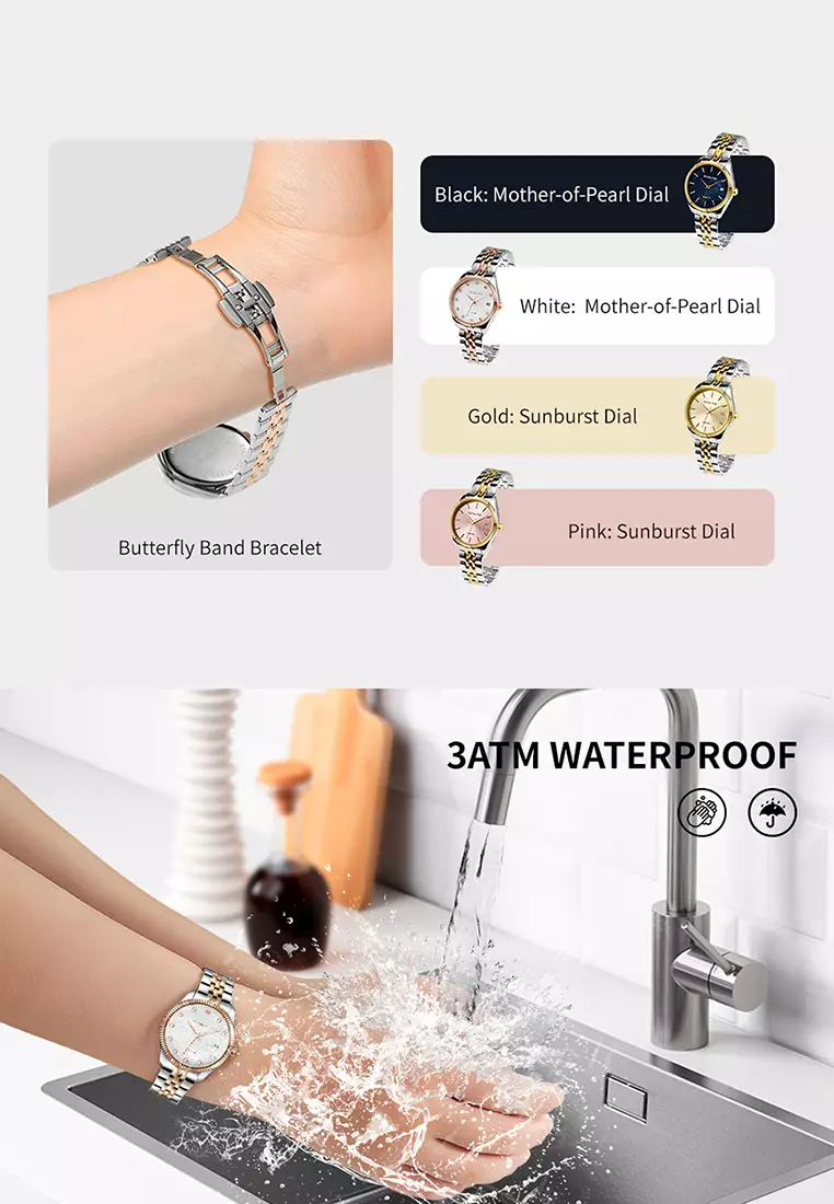 Women's Watch 32mm Round White River Scallops Dial Stainless Steel Strap Calendar Function Rose Mary- White