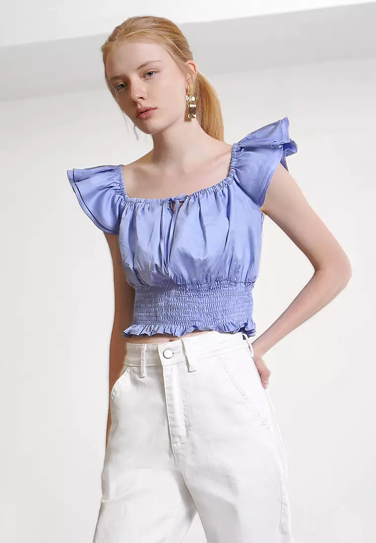 Front Tie Ruffle Sleeve Smocked Top