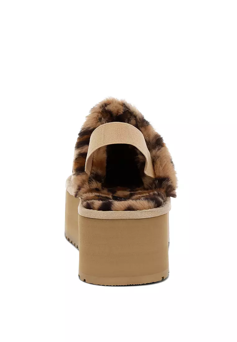 Leopard Print Faux Fur Platform Classic Slingback in Beige