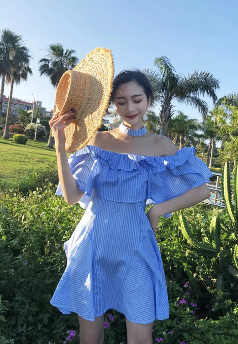 ワンピース POPPY STRIPED OFF SHOULDER DRESS BLUE Buy Sunnydaysweety New Blue Striped Pattern Off Shoulder One