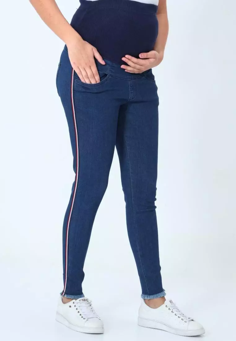Distress Taped Maternity Denims with Belly Support-Blue