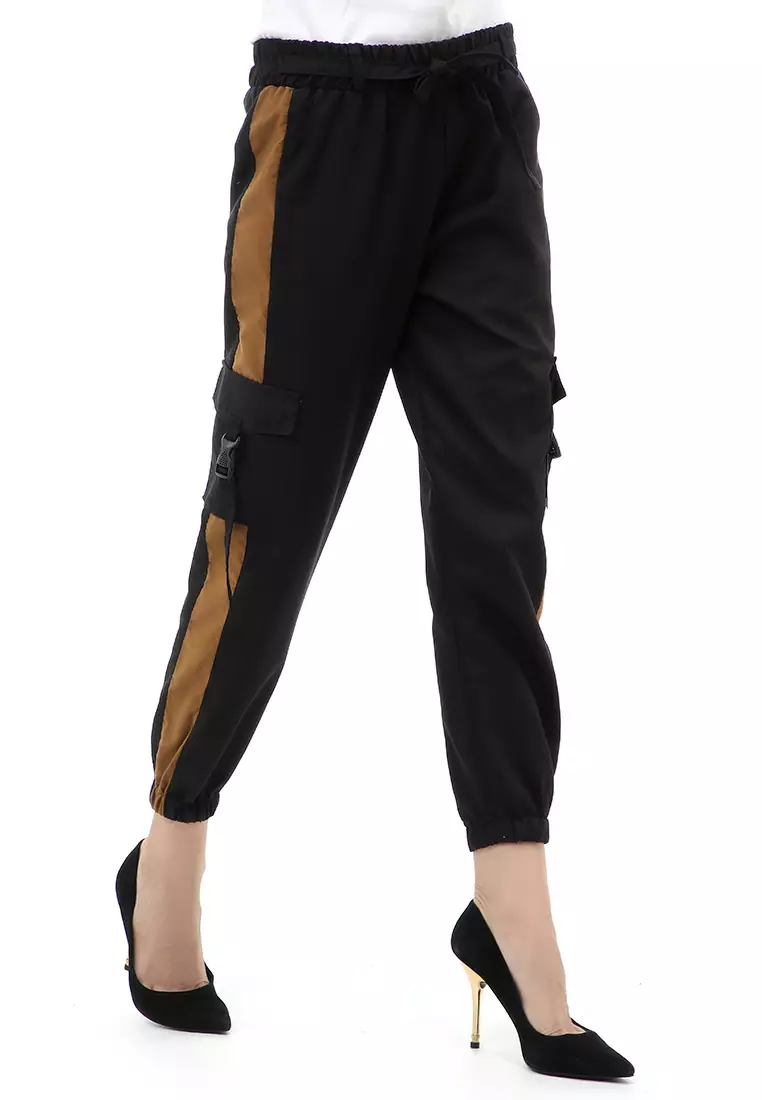 Jourel Celana Panjang Kasual Wanita Jogger Cargo Pants Plered Line Material Cotton ORIGINAL - Black Mocca