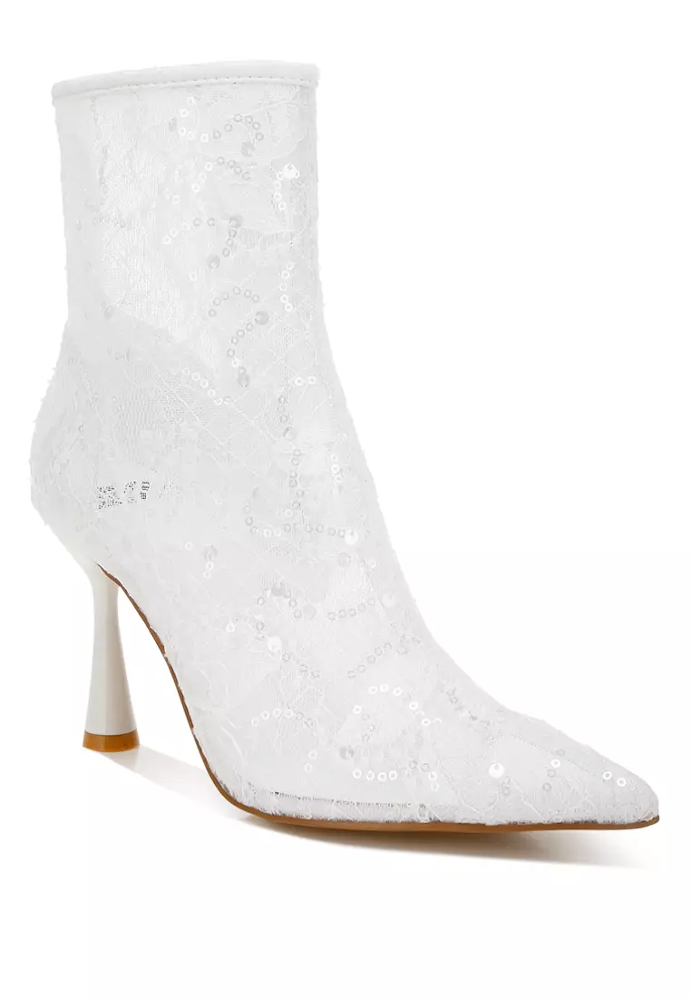 Sequin Lace Boots in White