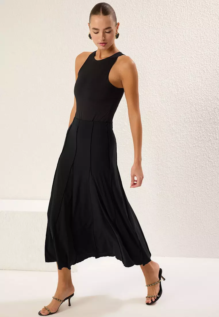 Black Stitch Detail Godeli Flexible Maxi Knitted Skirt