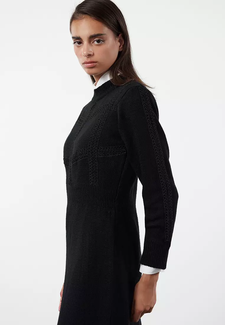 Black Lace Detailed Soft Textured Knitwear Dress Tctaw25Eb00015