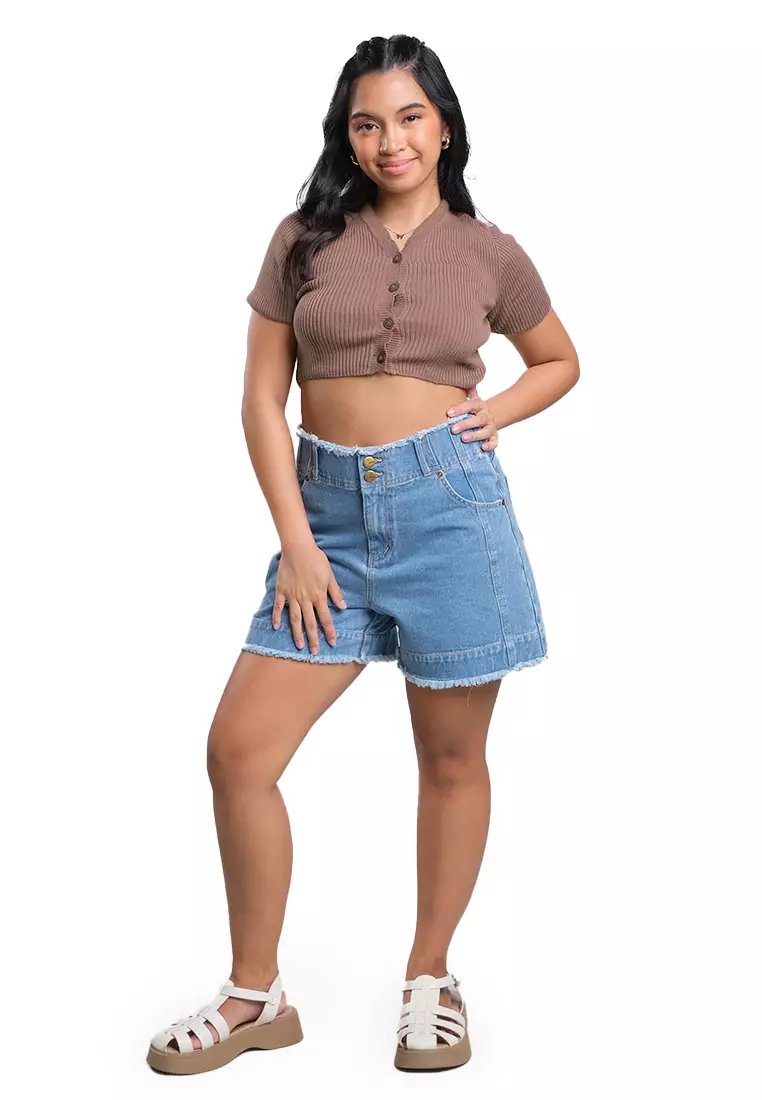 Button Down Knit Top With Scallop Detail