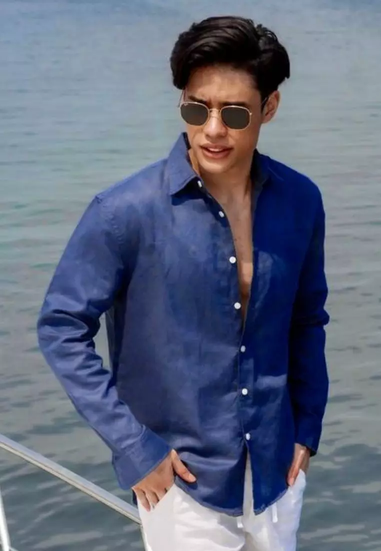 Santorini Kemeja Linen Lengan Panjang Pria Navy | Linen Long Sleeve Shirt Men Navy