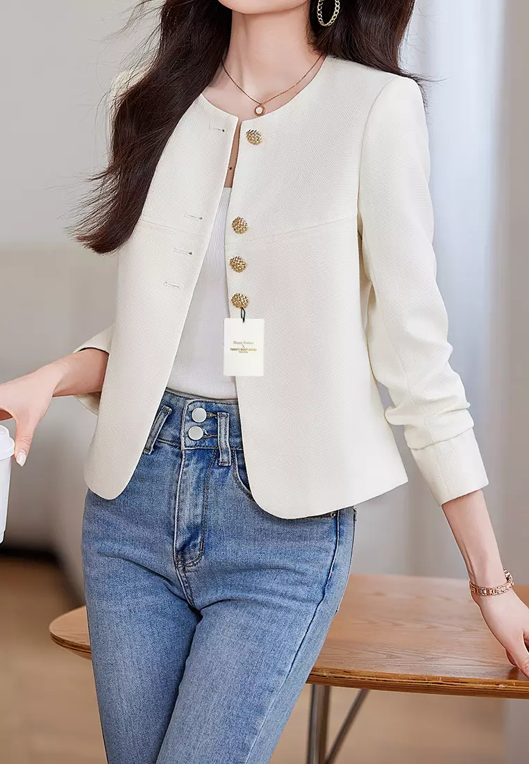 Cropped Round Neck Suit Jacket YGH-EY8931