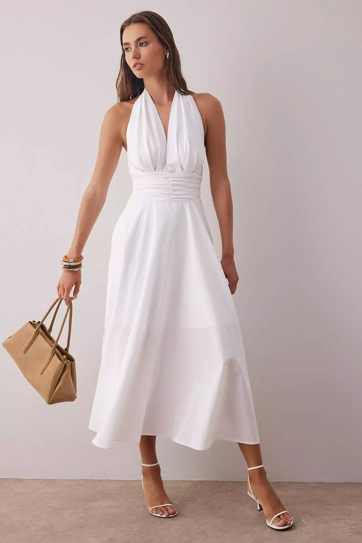 White Low-Cut Halter Neck Poplin Lined Woven Dress