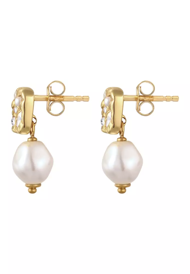 Anting Perhiasan Perak 925 Wanita Platelet Swarovski® Pearl Gold Plated