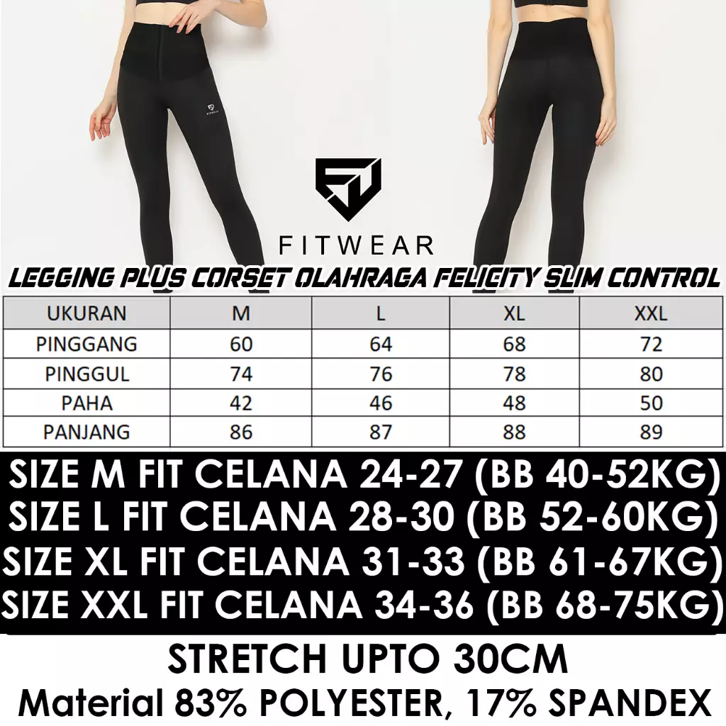 Fitwear - Legging Plus Corset Olahraga Wanita FELICITY SLIM CONTROL - BLACK PLAIN WAIST