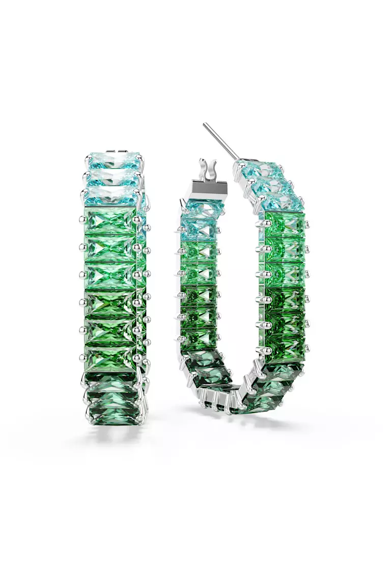 Matrix hoop earrings, Baguette cut, Green, Rhodium plated