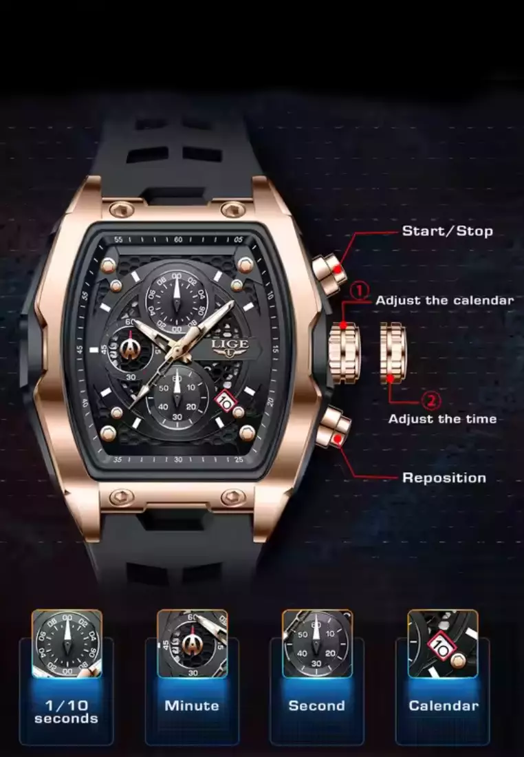 Unisex Chronograph Tonneau Shaped Plastic and Metal Alloy Quartz Watch, Rubber Strap