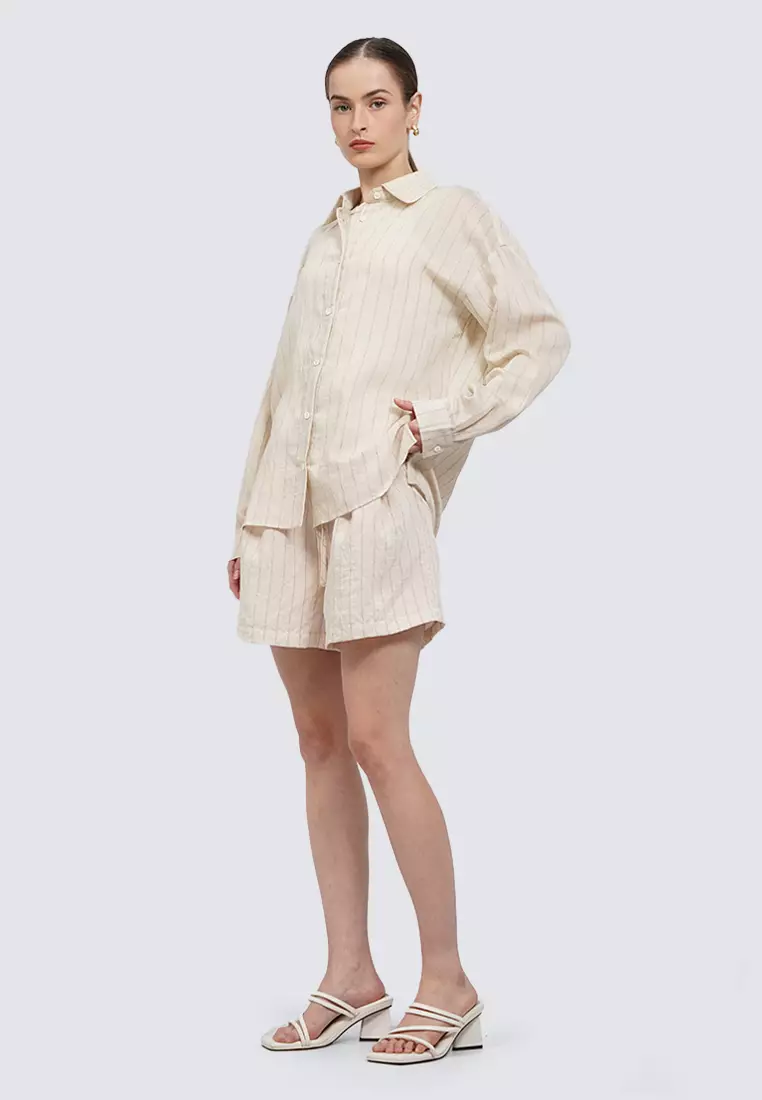 Oversized Long Sleeve Stripes Blouse LT. BEIGE