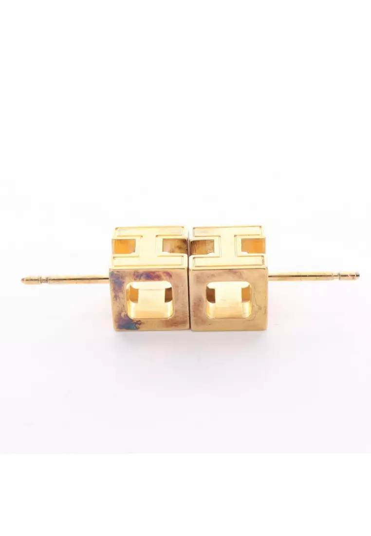 Pre-Loved Hermès Cage d'H Ash H-cube earrings GP gold off white
