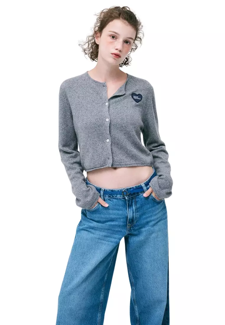 Raccoon Blended Cropped Cardigan Heart Logo - Grey