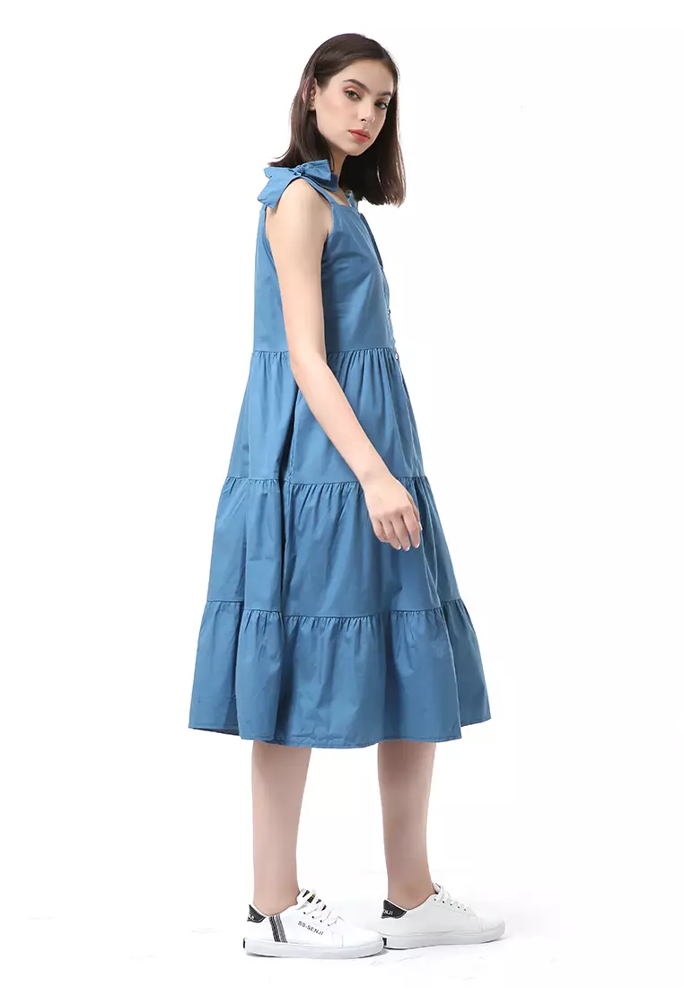 Rachel Dress Ruffle Wanita Tanpa Lengan Full Kancing Stylish Material Cotton ORIGINAL - Blue