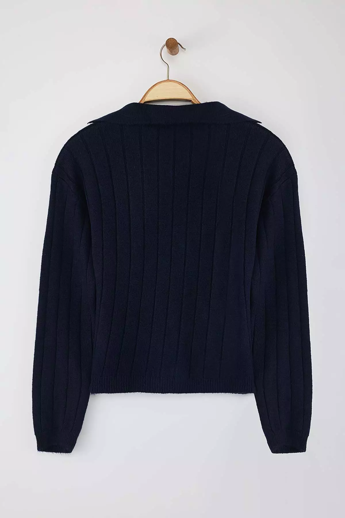 Navy Blue Wool Basic Polo Neck Knitwear Cardigan