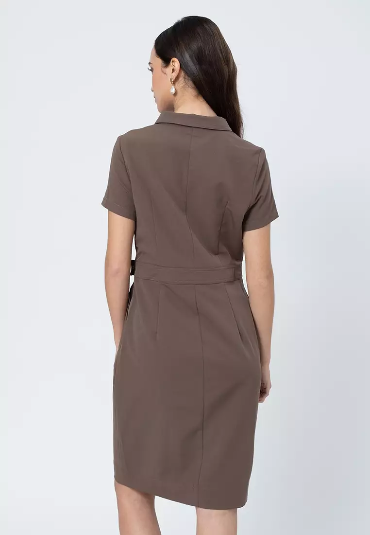 Maire Shift Dress with Structured Wrap Skirt Detail and D-Ring Accent