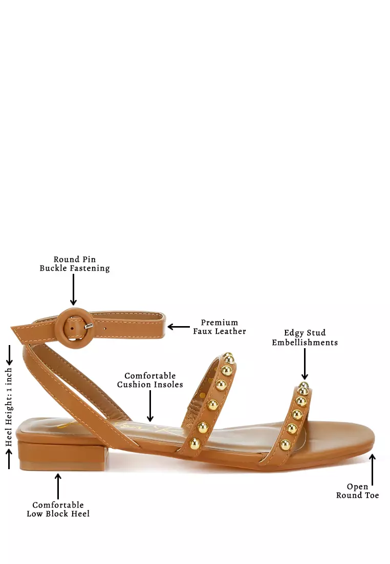 Studded Ankle Strap Flat Sandals in Tan