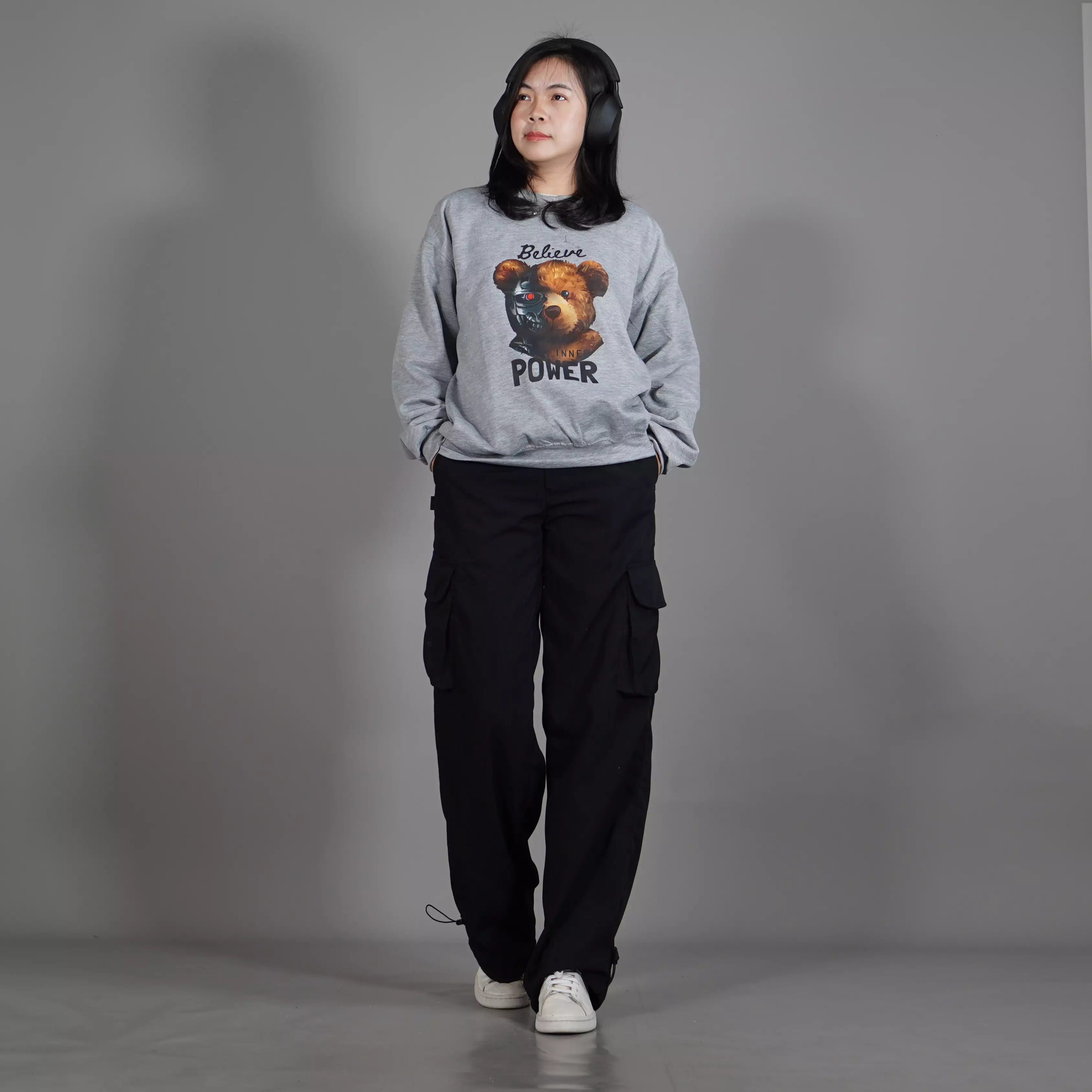  Sweater Sablon POWER Sweater Wanita Oversize Sweater Oversize Unisex - Abu Muda