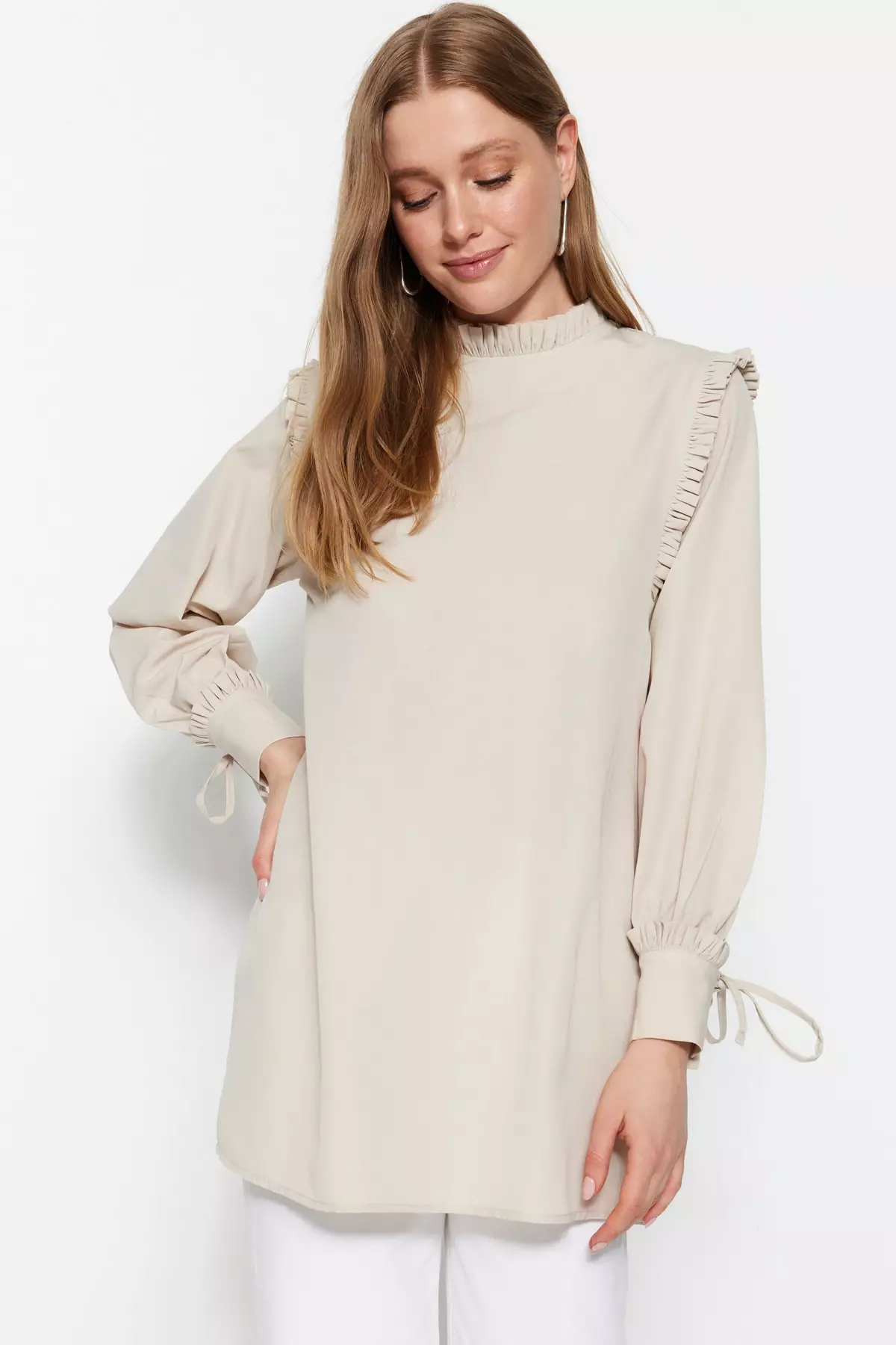 Buy Trendyol Woven Tunic with Ruffle Shoulder and Cuff 2026 Online | ZALORA