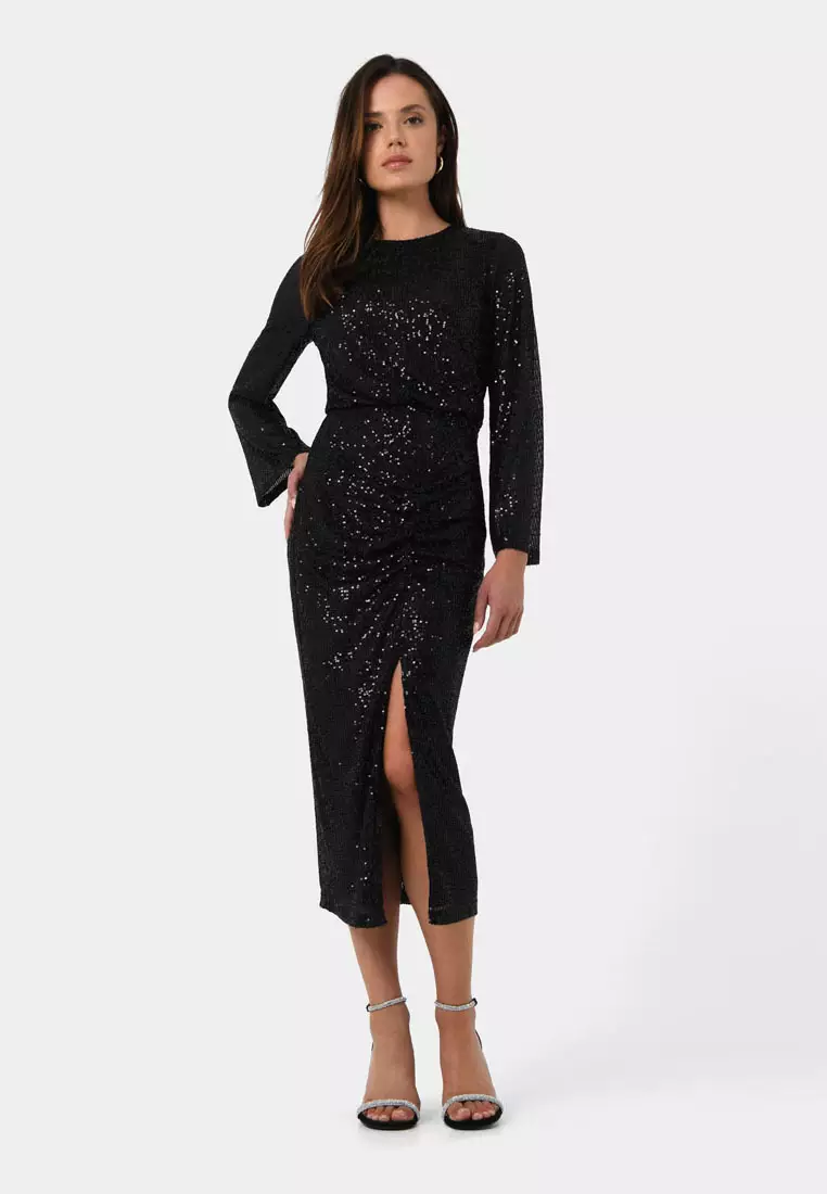 black glitter split leg bodycon dress Sweetheart Neck Split Leg Floral Sequin Detail Mini Dress In Black Velvet |  EGO US