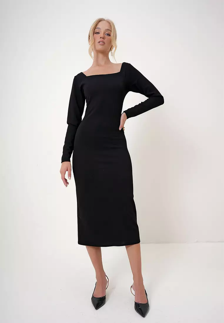 Women's Black Square Neck Midi Length Zippered Crepe Knit Dress Alc-X12785