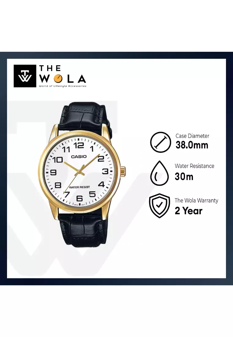 Men Analog Watch MTP-V001GL-7B Black Leather Strap