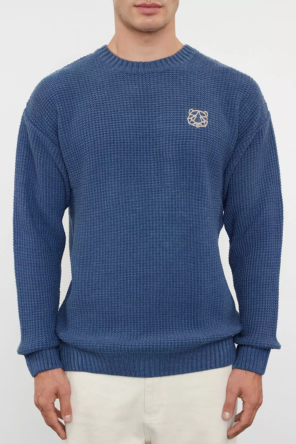 Indigo Oversize Crew Neck Textured Sweater TMNAW24KZ00032