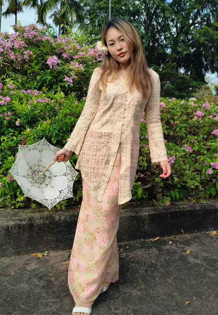 Loveaisyah Beige Checkered Lace Kebaya Top & Floral Chiffon Skirt Hari Raya