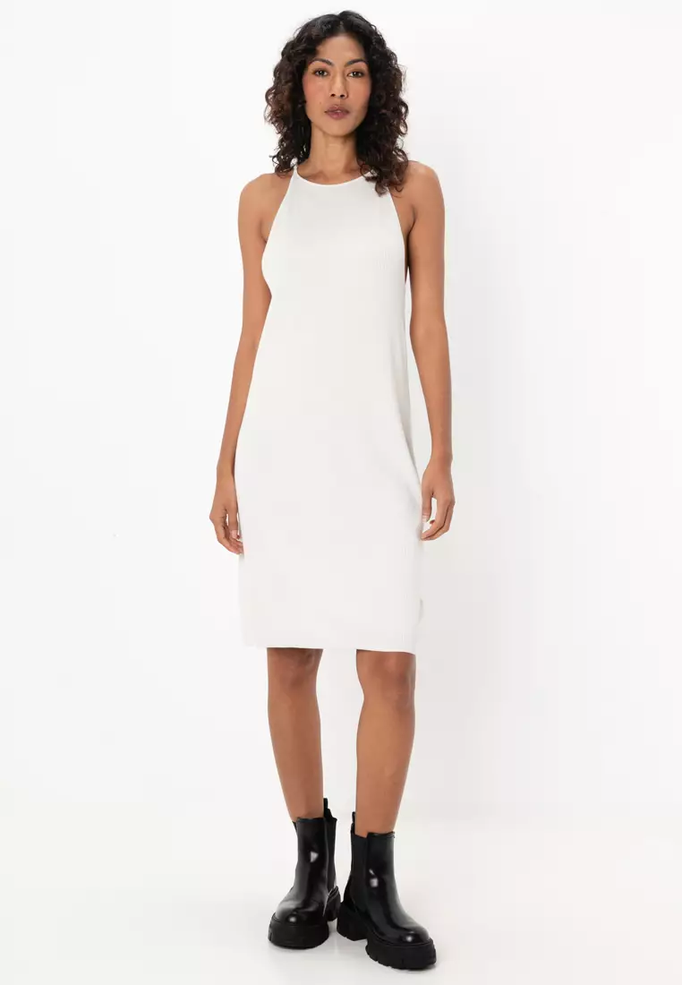 Sleeveless Racerback Knit Dress Traveling Rib Knit Mockneck