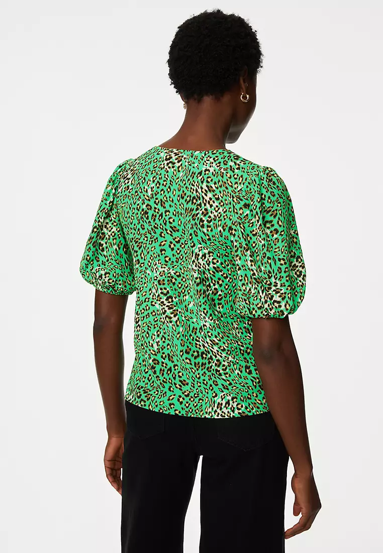 Printed V-Neck Puff Sleeve Blouse